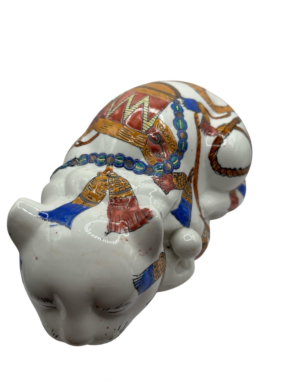 Sleeping Cat Ceramic, Lucky Cat, Hand Painted, Chinoiserie Tassel Design,signed.